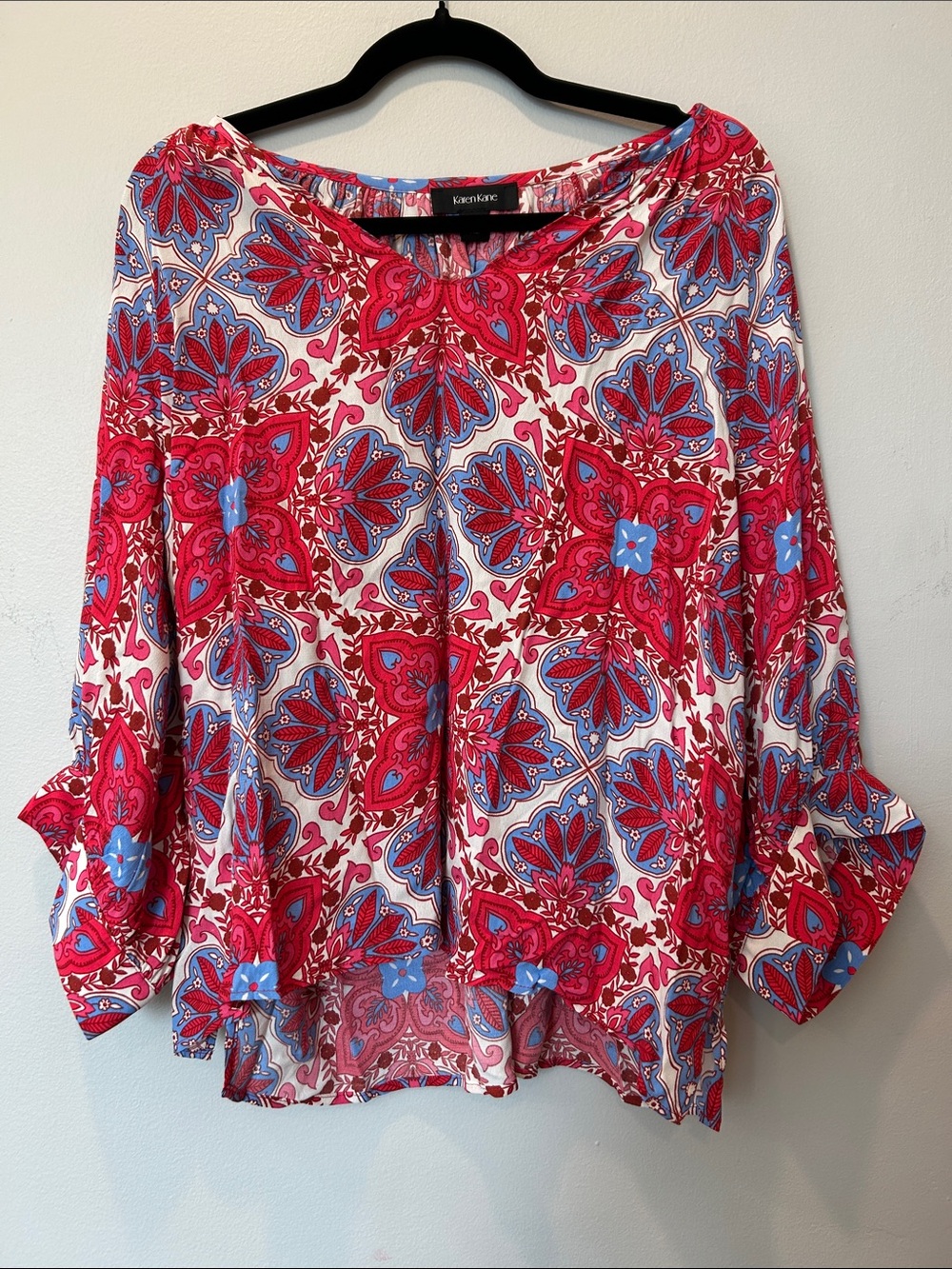 Karen Kane Red, Blue & White Floral Boho Blouse